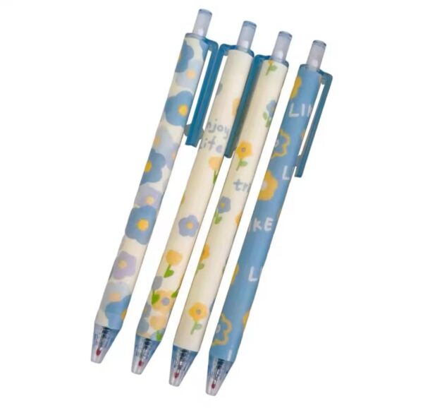 Set of 4 Blue/Yellow Flowers Pattern -Gel Pen